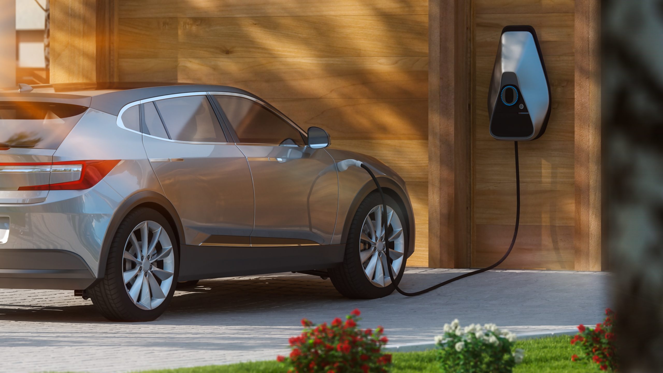 electric car parked in front of home modern low energy suburban
